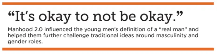 “It’s okay to not be okay.” Manhood 2.0 influenced the young men’s definition of a “real man” and helped them further challenge traditional ideas around masculinity and gender roles.